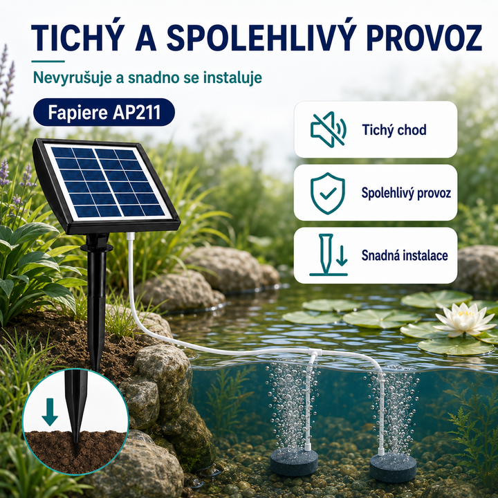Solární provzdušňovač jezírka AP211 – 2200 mAh baterie, 2 režimy provozu, 2 W panel