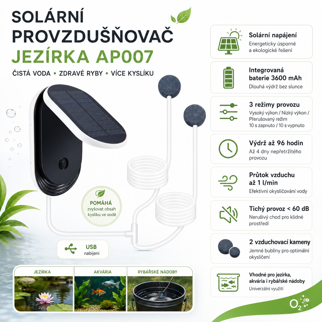 Solární provzdušňovač jezírka AP007 – 3600 mAh baterie, 3 režimy provozu, 1 W panel