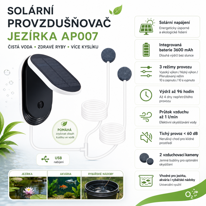 Solární provzdušňovač jezírka AP007 – 3600 mAh baterie, 3 režimy provozu, 1 W panel