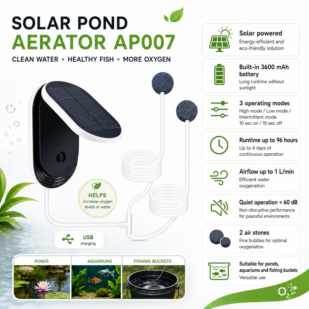 Solární provzdušňovač jezírka AP007 – 3600 mAh baterie, 3 režimy provozu, 1 W panel