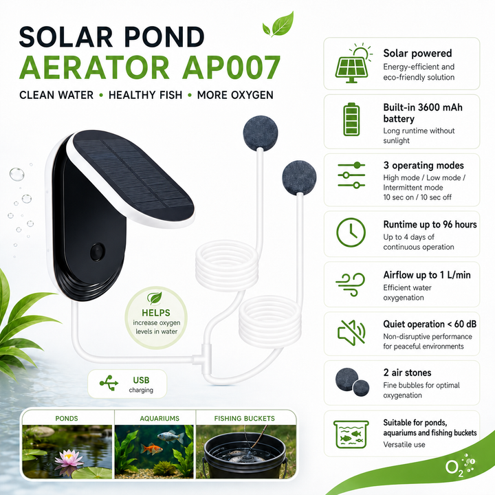 Solární provzdušňovač jezírka AP007 – 3600 mAh baterie, 3 režimy provozu, 1 W panel