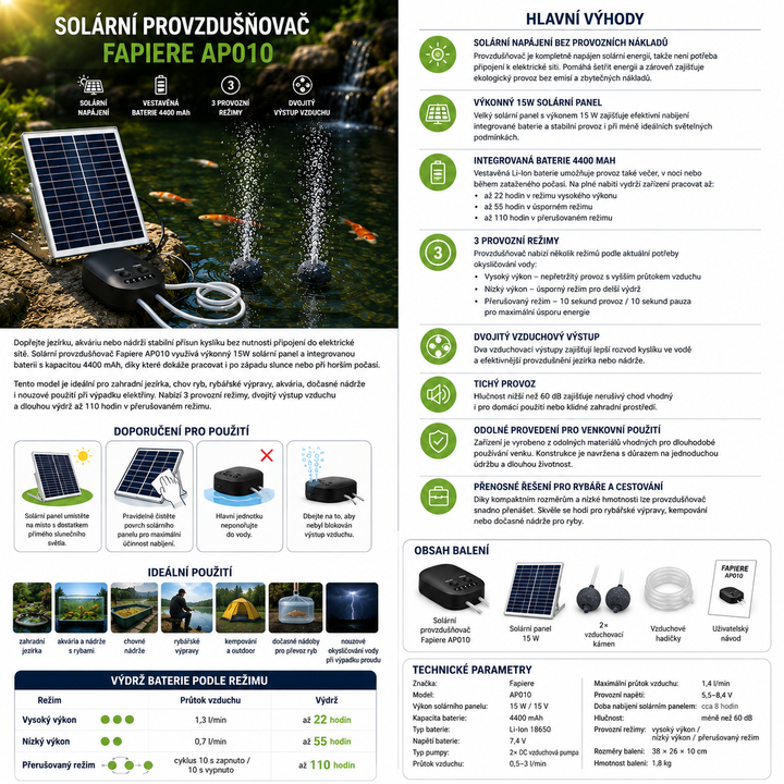 Fapiere Solární provzdušňovač jezírka AP010 – 4400 mAh baterie, 3 režimy provozu, 15 W panel