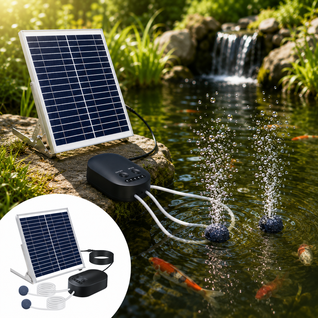 Fapiere Solární provzdušňovač jezírka AP010 – 4400 mAh baterie, 3 režimy provozu, 15 W panel