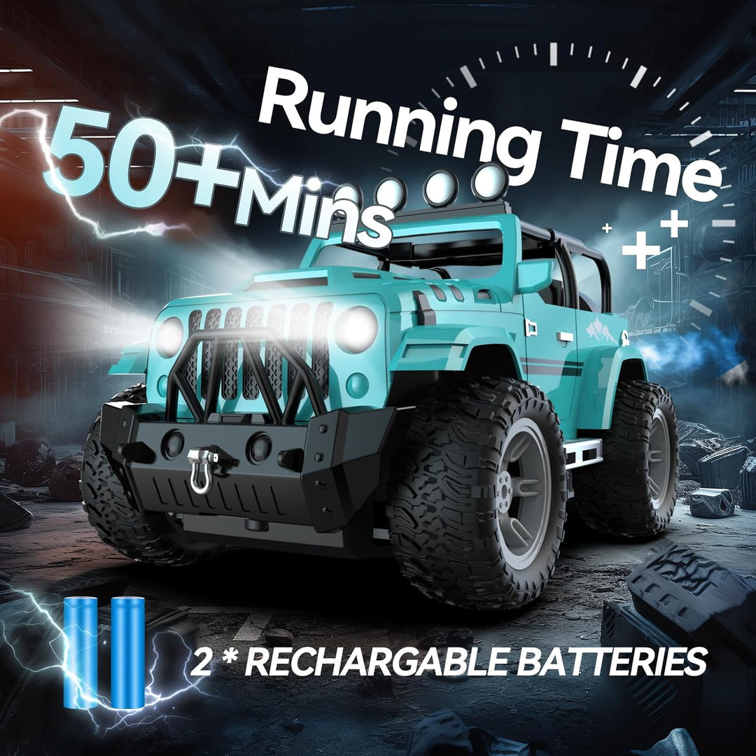 DEERC RC Auto s LED světly, mlhovým efektem a zvuky – terénní monstr truck pro děti, modrá