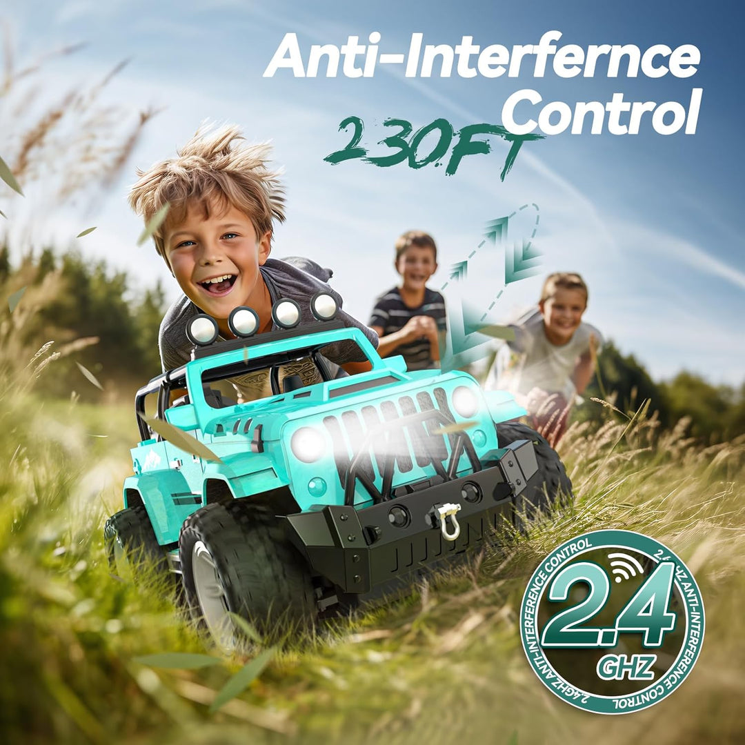 DEERC RC Auto s LED světly, mlhovým efektem a zvuky – terénní monstr truck pro děti, modrá