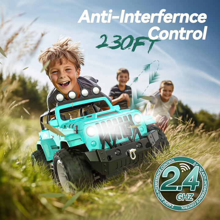 DEERC RC Auto s LED světly, mlhovým efektem a zvuky – terénní monstr truck pro děti, modrá