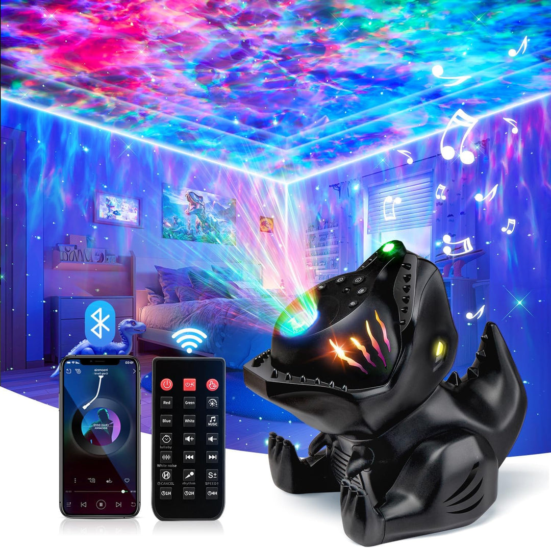 Dinosauří projektor hvězdné oblohy – 4v1 lampička s Bluetooth, hudbou a bílým šumem
