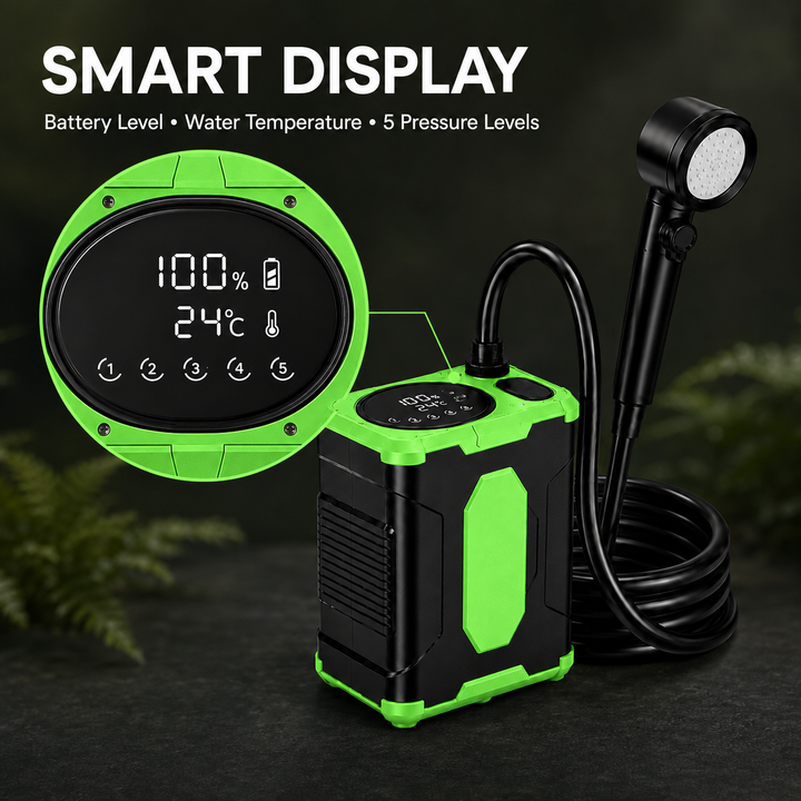 Fapiere Přenosná kempingová sprcha 26A s baterií 10000 mAh a LCD displejem, světle zelená