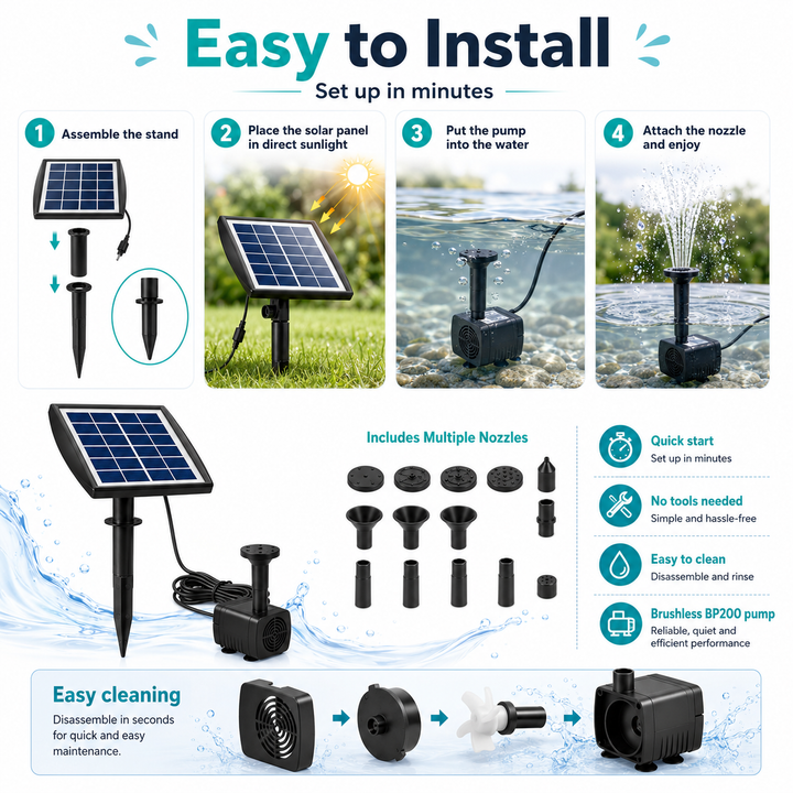 Fapiere Solární fontána do jezírka SP020 - 200 l/h, 2W panel, 5 trysek