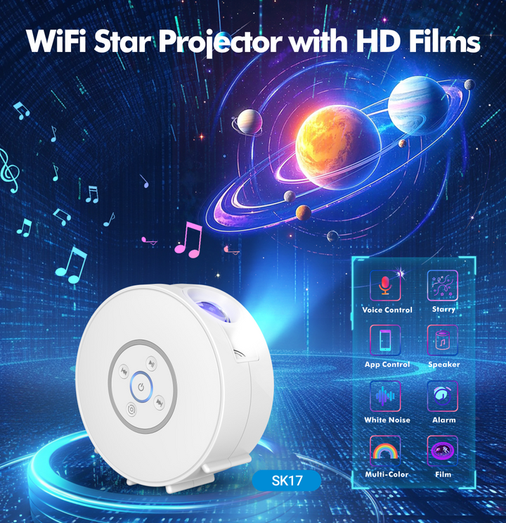 Projektor galaxie a noční oblohy – 6 kazet se snímky, Bluetooth reproduktor, ovládání pomocí aplikace
