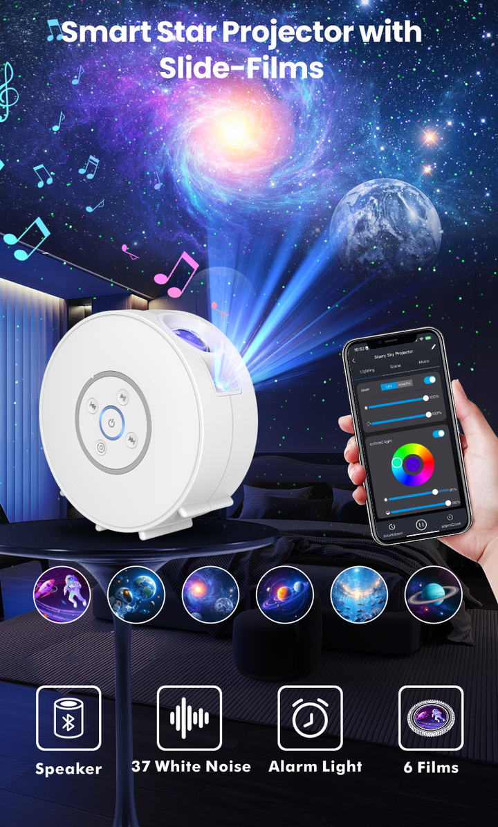 Projektor galaxie a noční oblohy – 6 kazet se snímky, Bluetooth reproduktor, ovládání pomocí aplikace