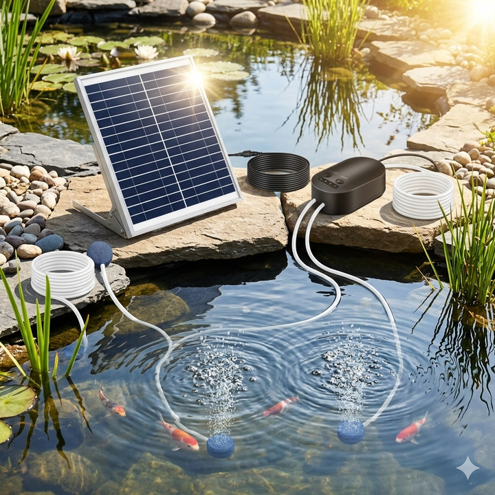 Fapiere Solární provzdušňovač jezírka AP010 – 4400 mAh baterie, 3 režimy provozu, 15 W panel