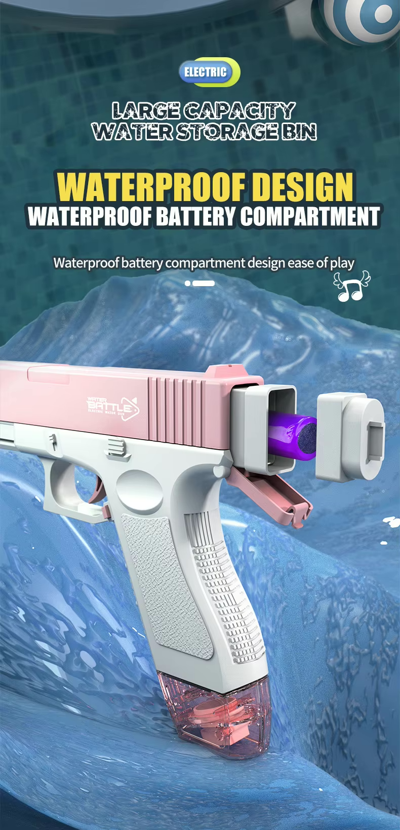 GLOCK Elektrická vodní pistole pro děti | Dlouhý dostřel, 2 zásobníky, automatické střílení