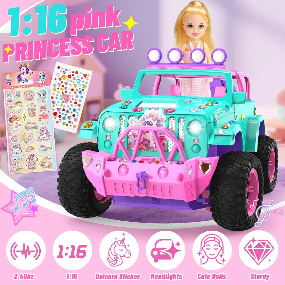 HappyGoLucky RC auto s panenkou a samolepkami – dálkově ovládané SUV pro děti