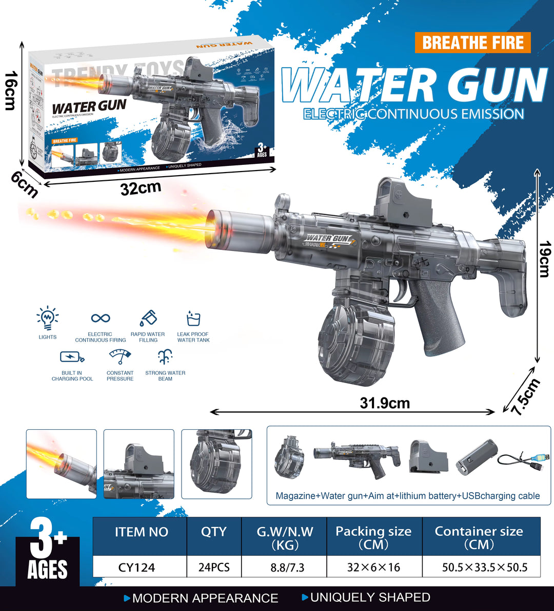 BATTLE Elektrická vodní pistole AK47 – světelné efekty, dostřel 8–10 m, 270 ml zásobník
