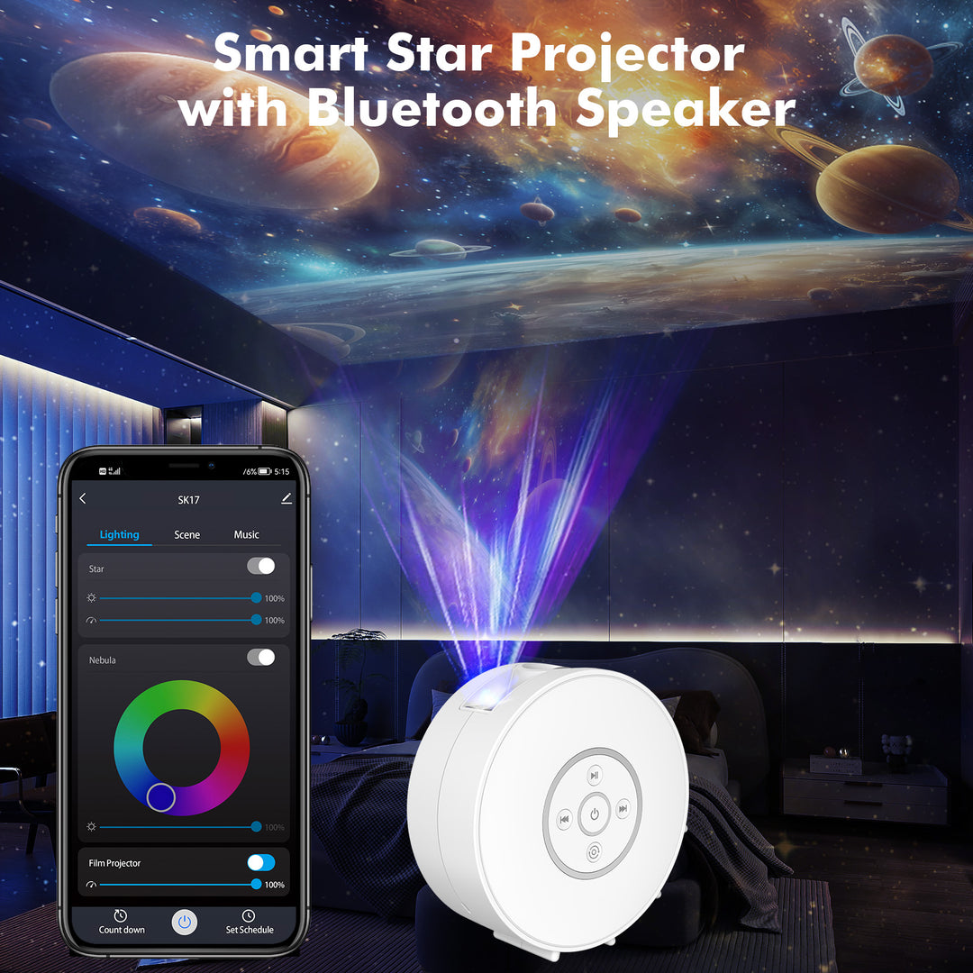 Projektor galaxie a noční oblohy – 6 kazet se snímky, Bluetooth reproduktor, ovládání pomocí aplikace