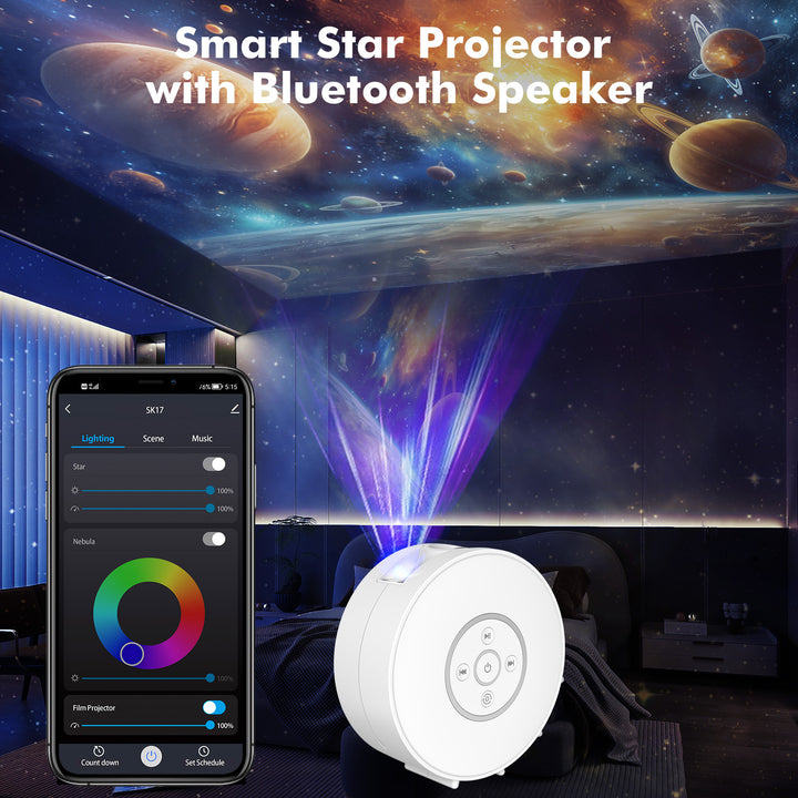 Projektor galaxie a noční oblohy – 6 kazet se snímky, Bluetooth reproduktor, ovládání pomocí aplikace