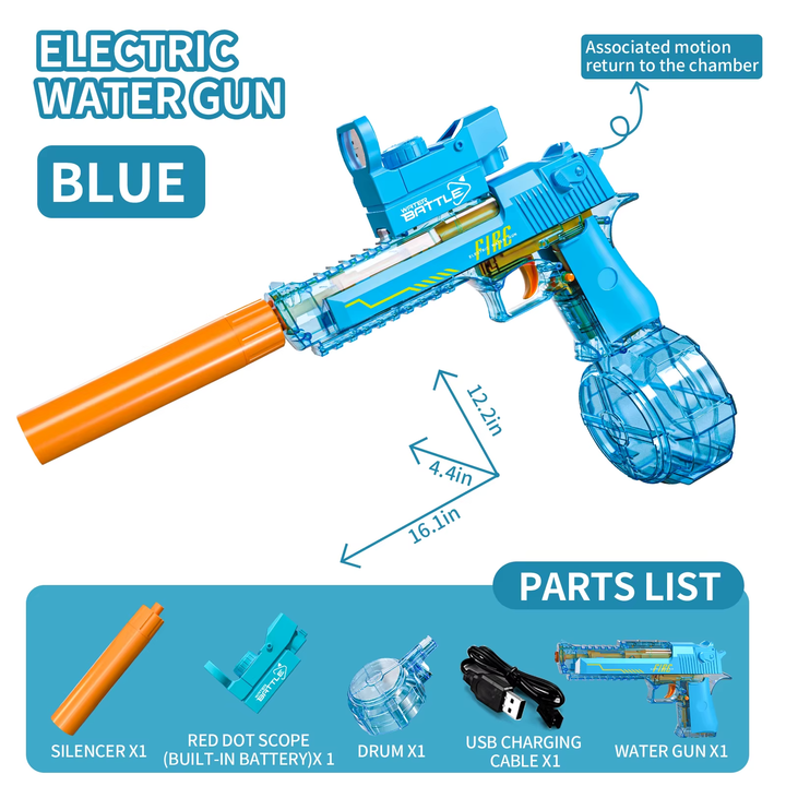 Elektrická vodní pistole DESERT EAGLE – transparentní provedení, světelné efekty, dostřel 8–10 m, 425 ml zásobník