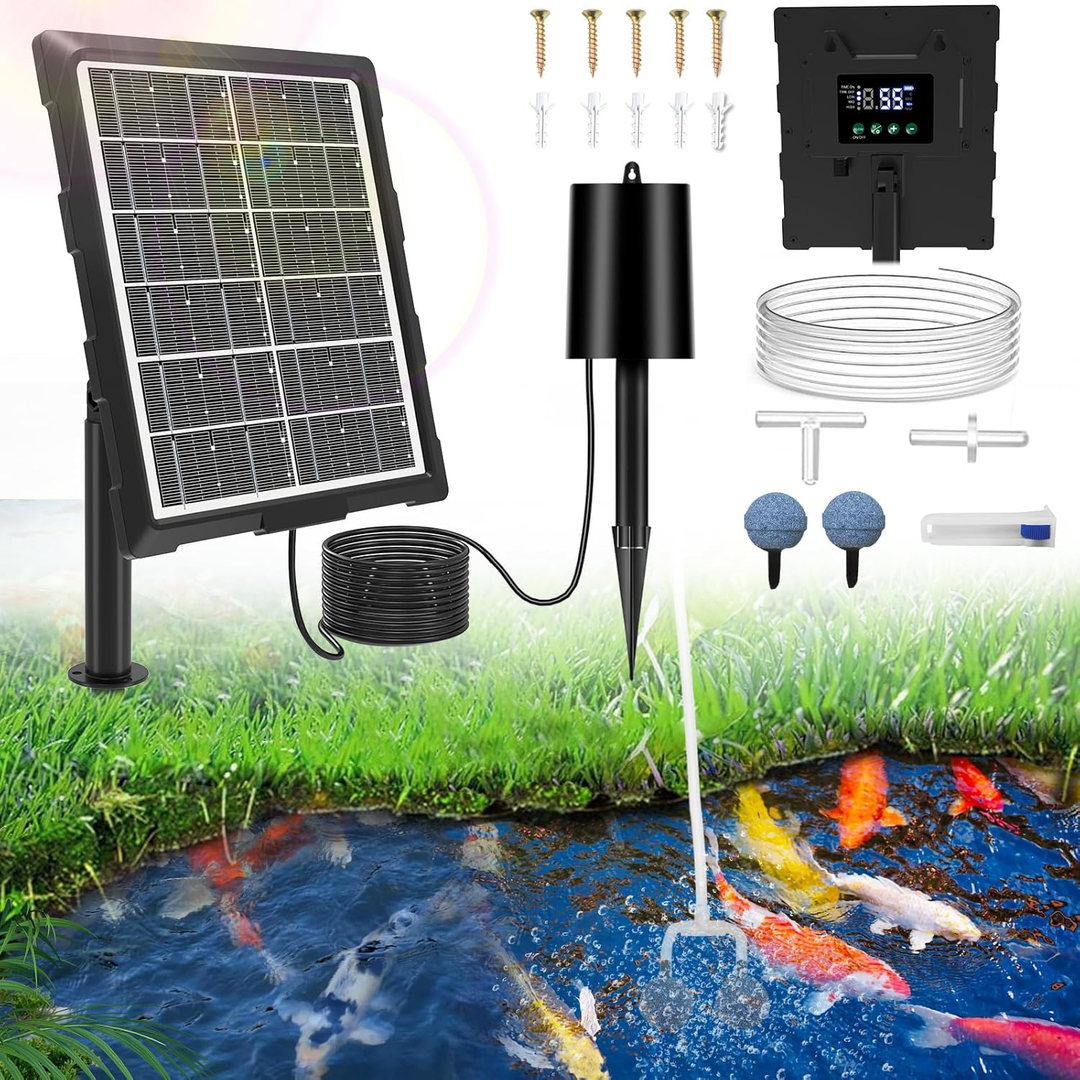 Solární provzdušňovač jezírka s LCD displejem AP221 – 2200 mAh baterie, 3 stupně výkonu, programovatelný časovač, 3W panel