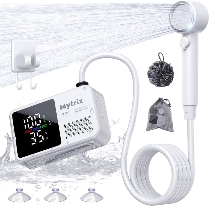 Mytrix Přenosná kempingová sprcha – vysoký tlak vody 10 l/min, 7800 mAh a 4 režimy proudu