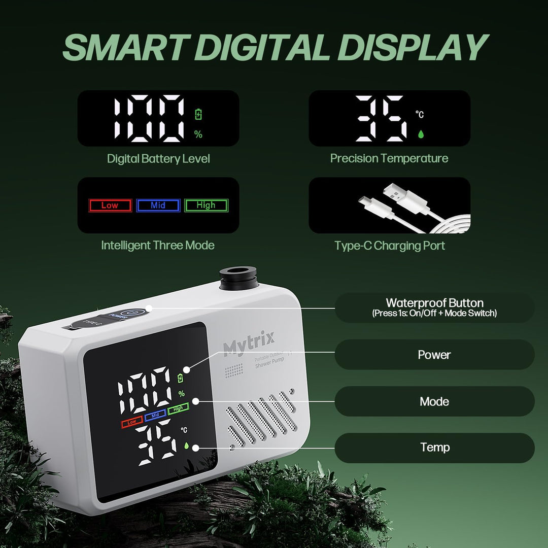 Mytrix Přenosná kempingová sprcha – vysoký tlak vody 10 l/min, 7800 mAh a 4 režimy proudu