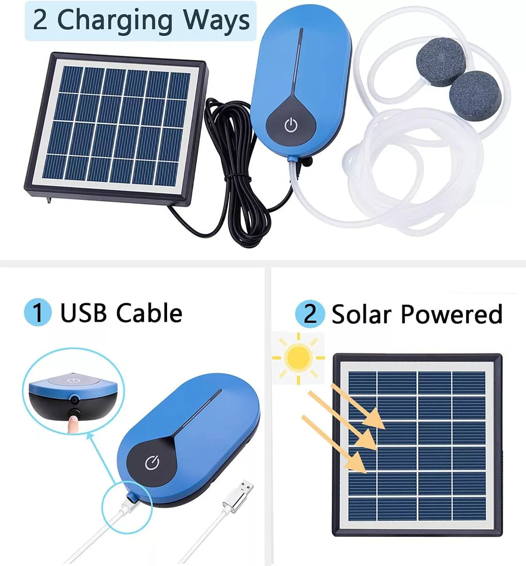 Solární provzdušňovač jezírka AP008 – 3600 mAh baterie, 3 režimy provozu, 1,5 W panel
