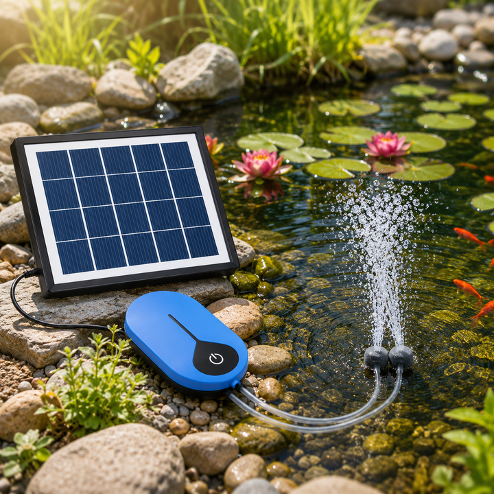 Solární provzdušňovač jezírka AP008 – 3600 mAh baterie, 3 režimy provozu, 1,5 W panel