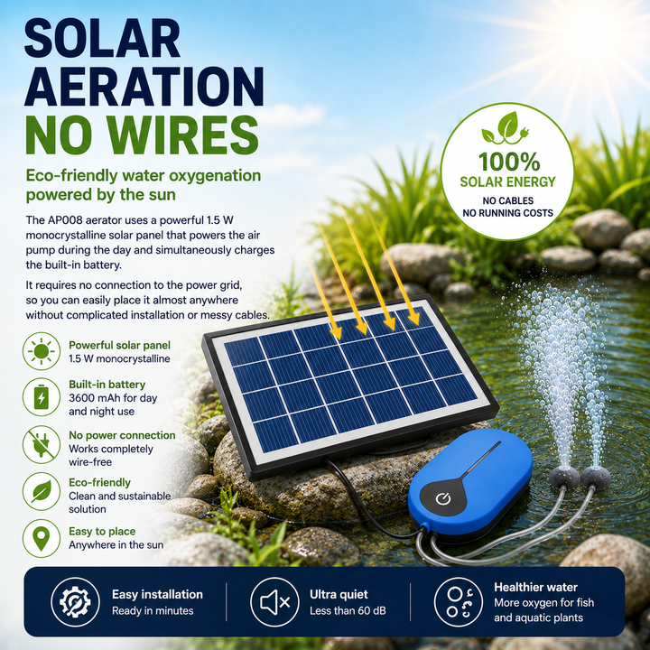 Solární provzdušňovač jezírka AP008 – 3600 mAh baterie, 3 režimy provozu, 1,5 W panel