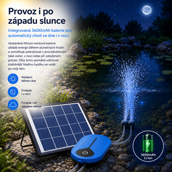 Solární provzdušňovač jezírka AP008 – 3600 mAh baterie, 3 režimy provozu, 1,5 W panel