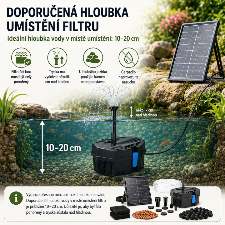 Solární jezírkový filtr s čerpadlem FA101 - 3600 mAh baterie, průtok 300 l/h, 10 trysek, 8 W panel