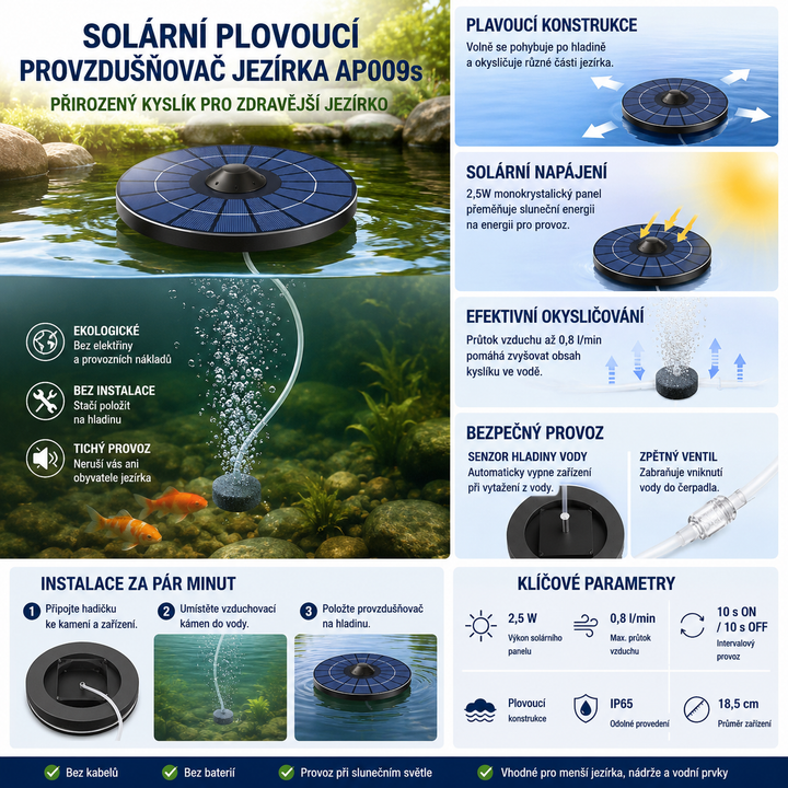 Solární plovoucí provzdušňovač jezírka AP009s – 2,5W panel, automatický provoz