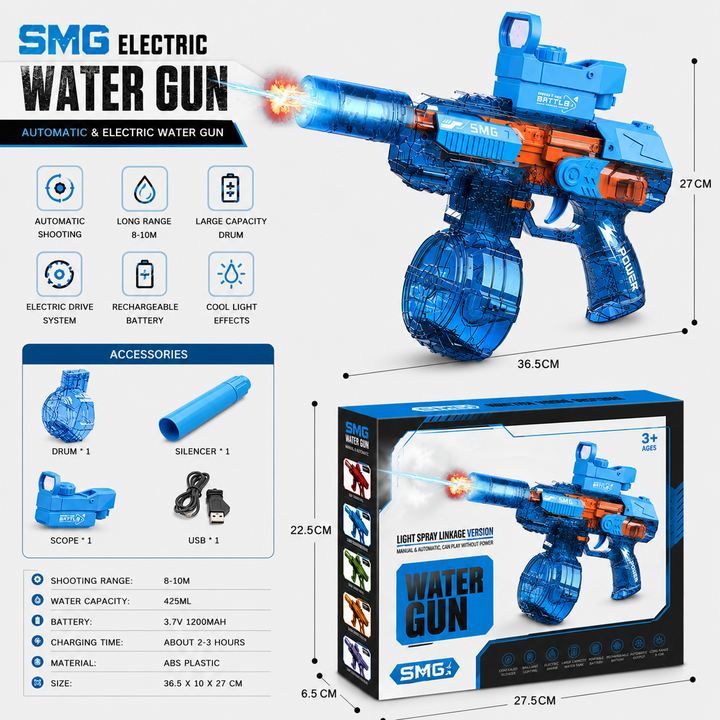 Elektrická vodní pistole SMG – světelné efekty, dostřel 8–10 m, 425 ml zásobník, 1200 mAh baterie