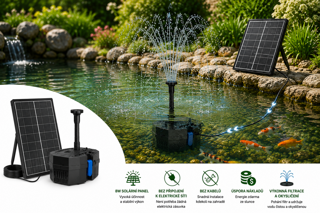 Solární jezírkový filtr s čerpadlem FA101 - 3600 mAh baterie, 10 trysek, 8 W panel