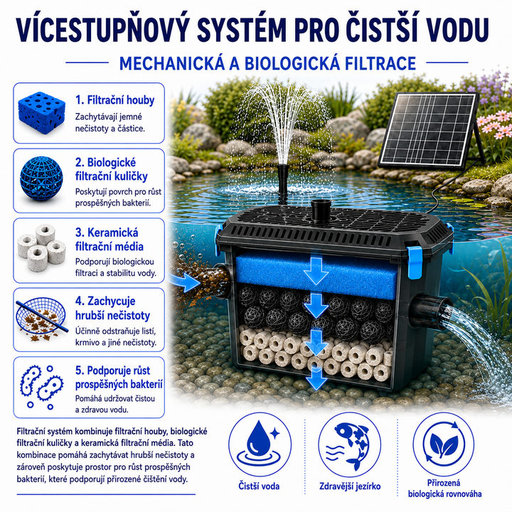 Solární jezírkový filtr s čerpadlem FA201 - 20 W panel, průtok 875 l/h, 4 trysky, biologická filtrace