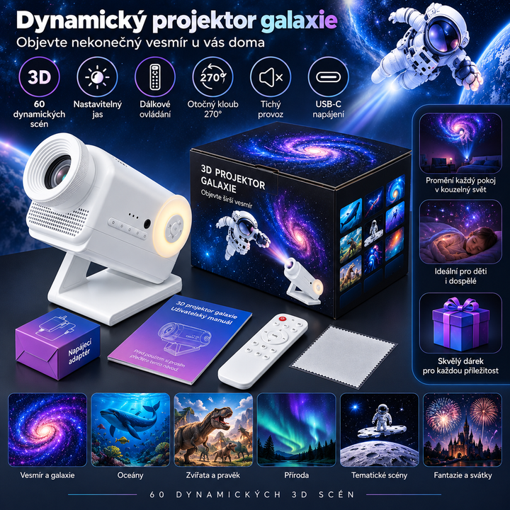 Dynamický 3D projektor BL-3D02 - 60 video scén, Bluetooth reproduktor, dálkové ovládání, noční světlo