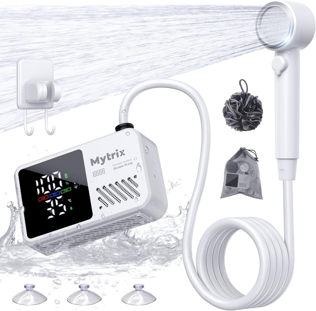 Mytrix Přenosná kempingová sprcha – vysoký tlak vody 10 l/min, 7800 mAh a 4 režimy proudu, bílá