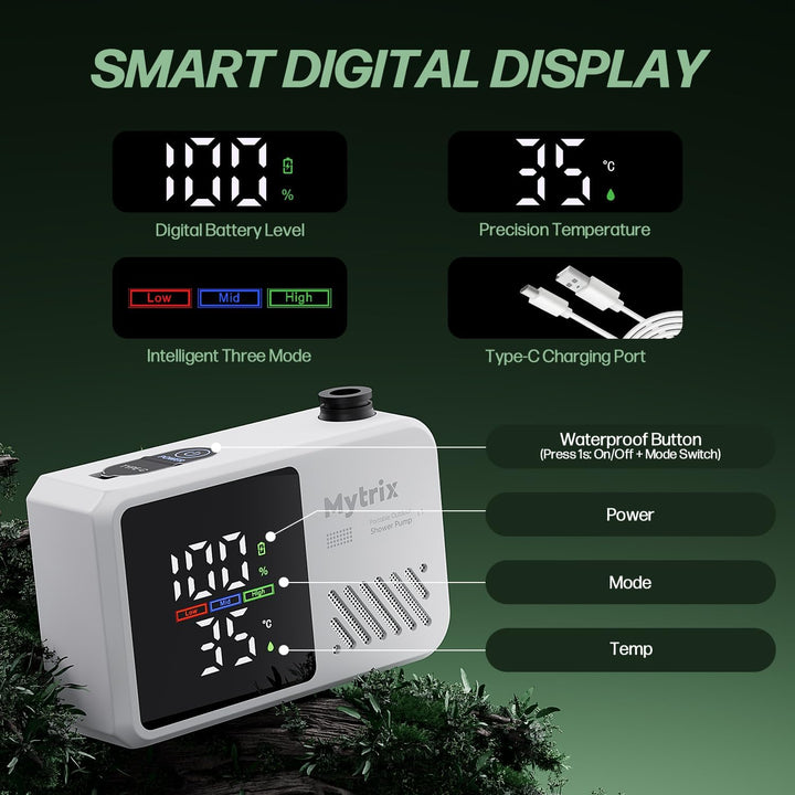 Mytrix Přenosná kempingová sprcha – vysoký tlak vody 10 l/min, 7800 mAh a 4 režimy proudu, bílá