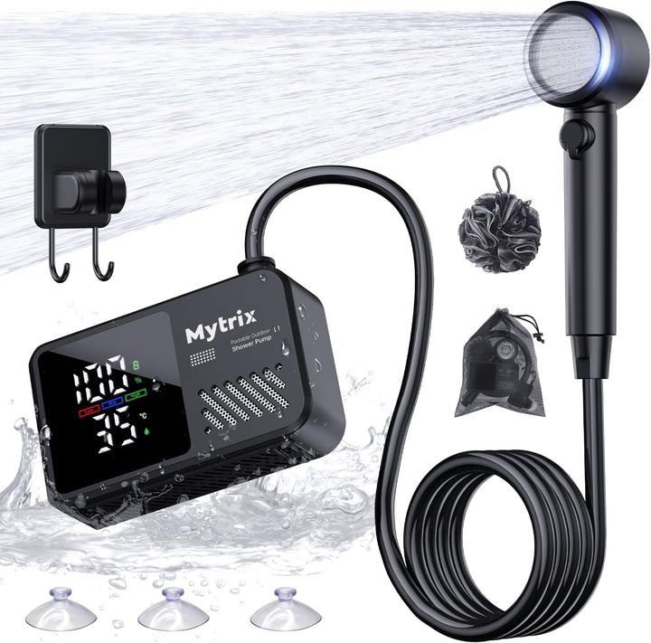 Mytrix Přenosná kempingová sprcha – vysoký tlak vody 10 l/min, 7800 mAh a 4 režimy proudu, černá