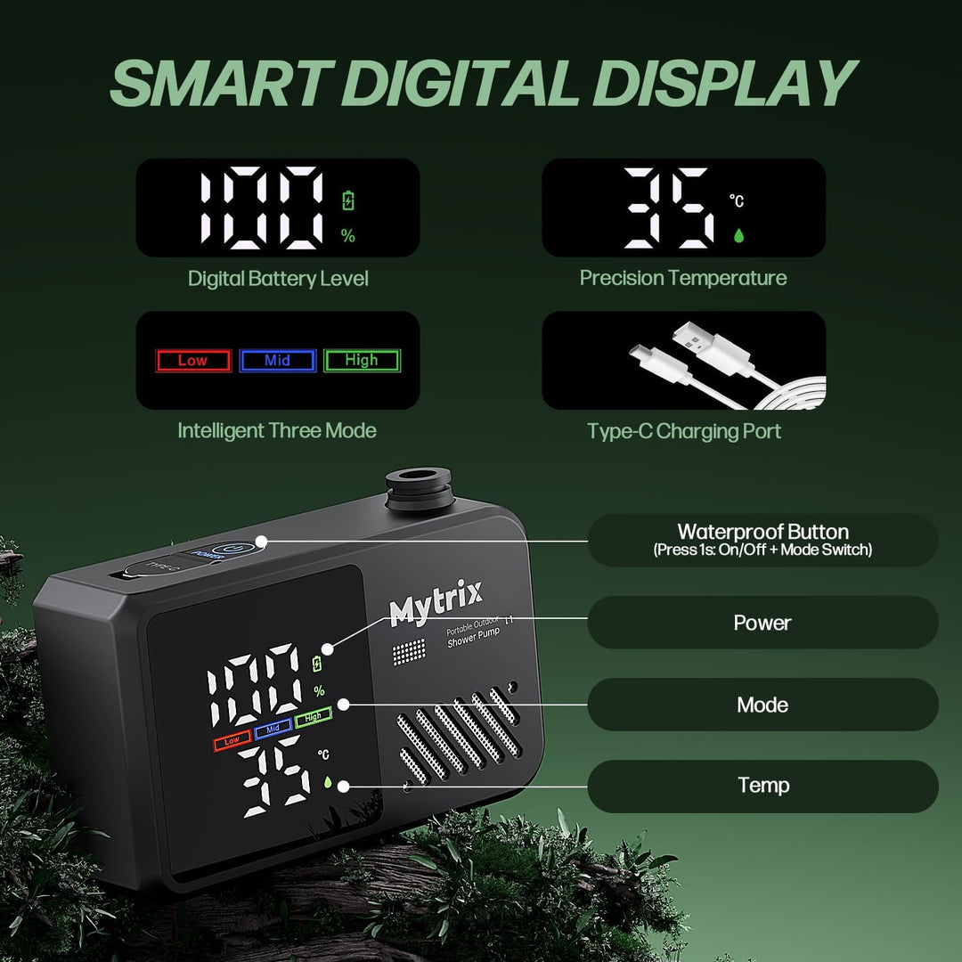 Mytrix Přenosná kempingová sprcha – vysoký tlak vody 10 l/min, 7800 mAh a 4 režimy proudu, černá
