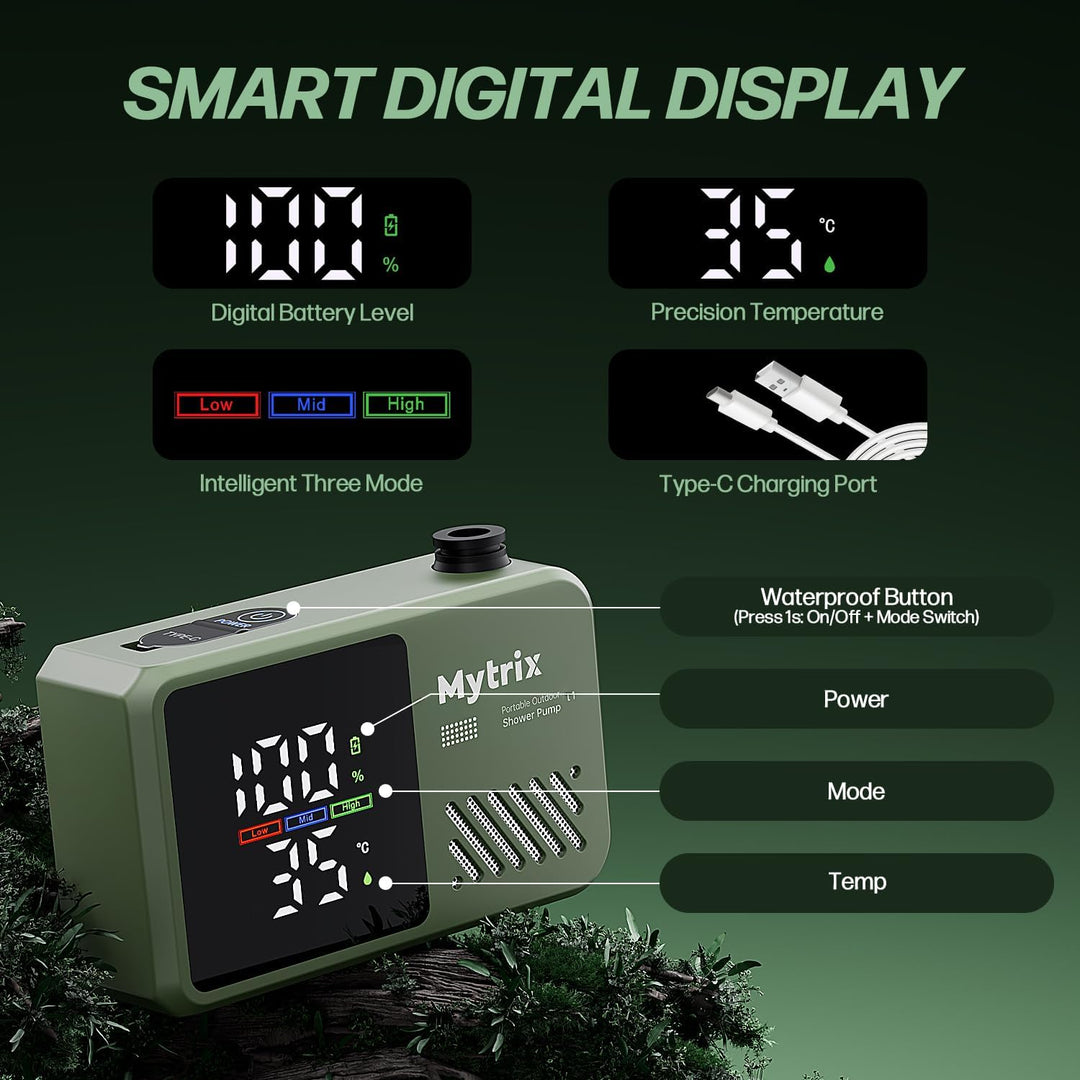 Mytrix Přenosná kempingová sprcha – vysoký tlak vody 10 l/min, 7800 mAh a 4 režimy proudu, zelená