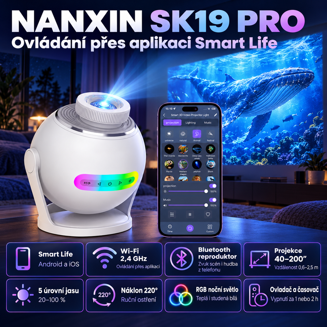 Nanxin SK19 PRO – dynamický projektor galaxie, 60 video scén, aplikace Smart Life