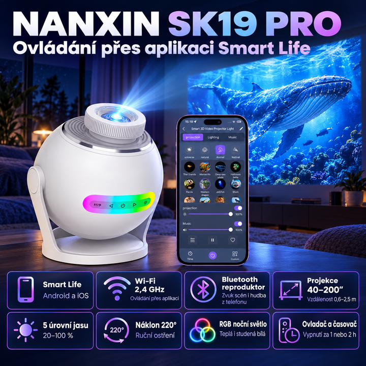 Nanxin SK19 PRO – dynamický projektor galaxie, 60 video scén, aplikace Smart Life