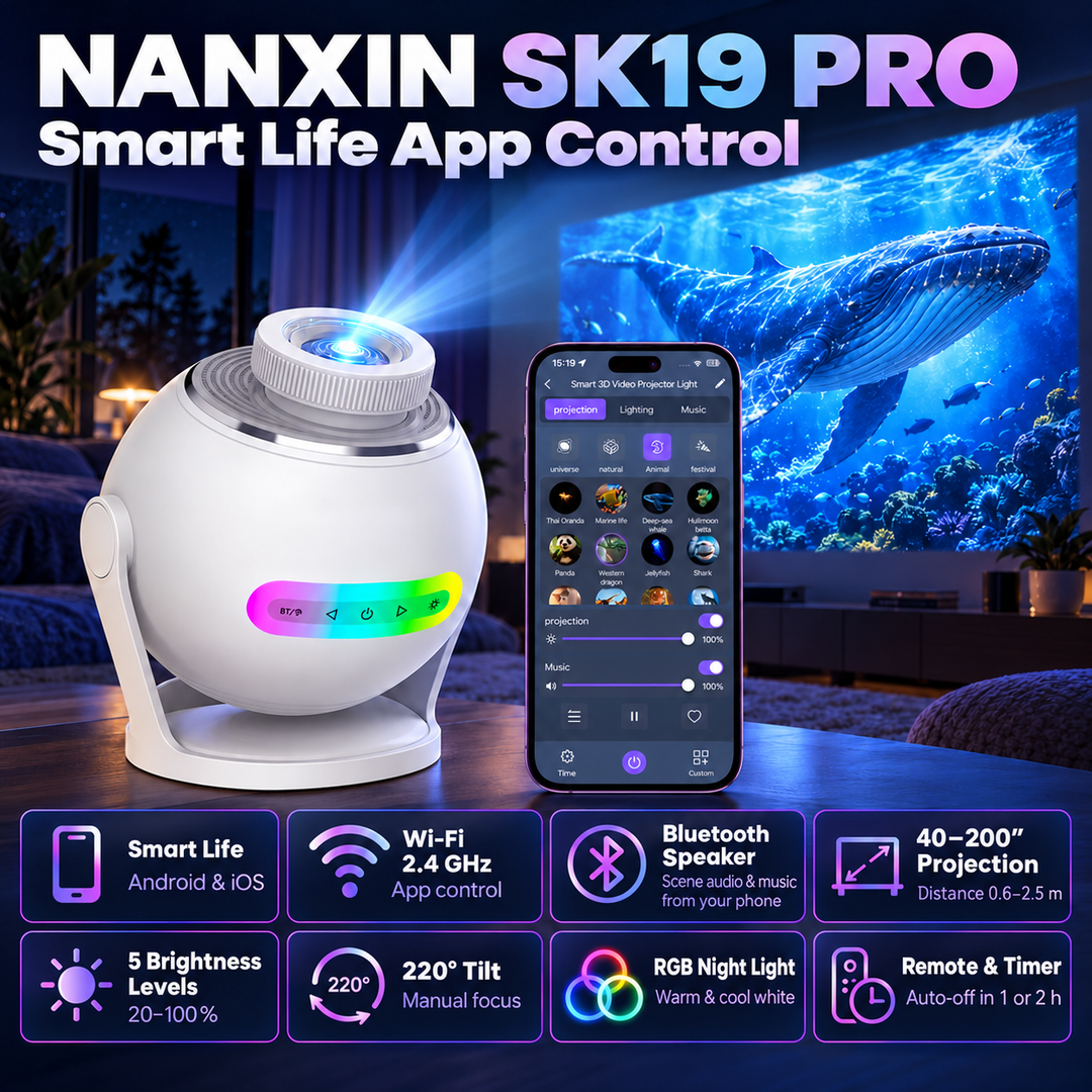 Nanxin SK19 PRO – dynamický projektor galaxie, 60 video scén, aplikace Smart Life