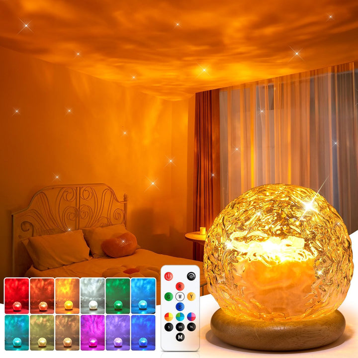 PIKOY Projektor hvězdné oblohy – křišťálová koule s RGB osvětlením a dřevěným podstavcem