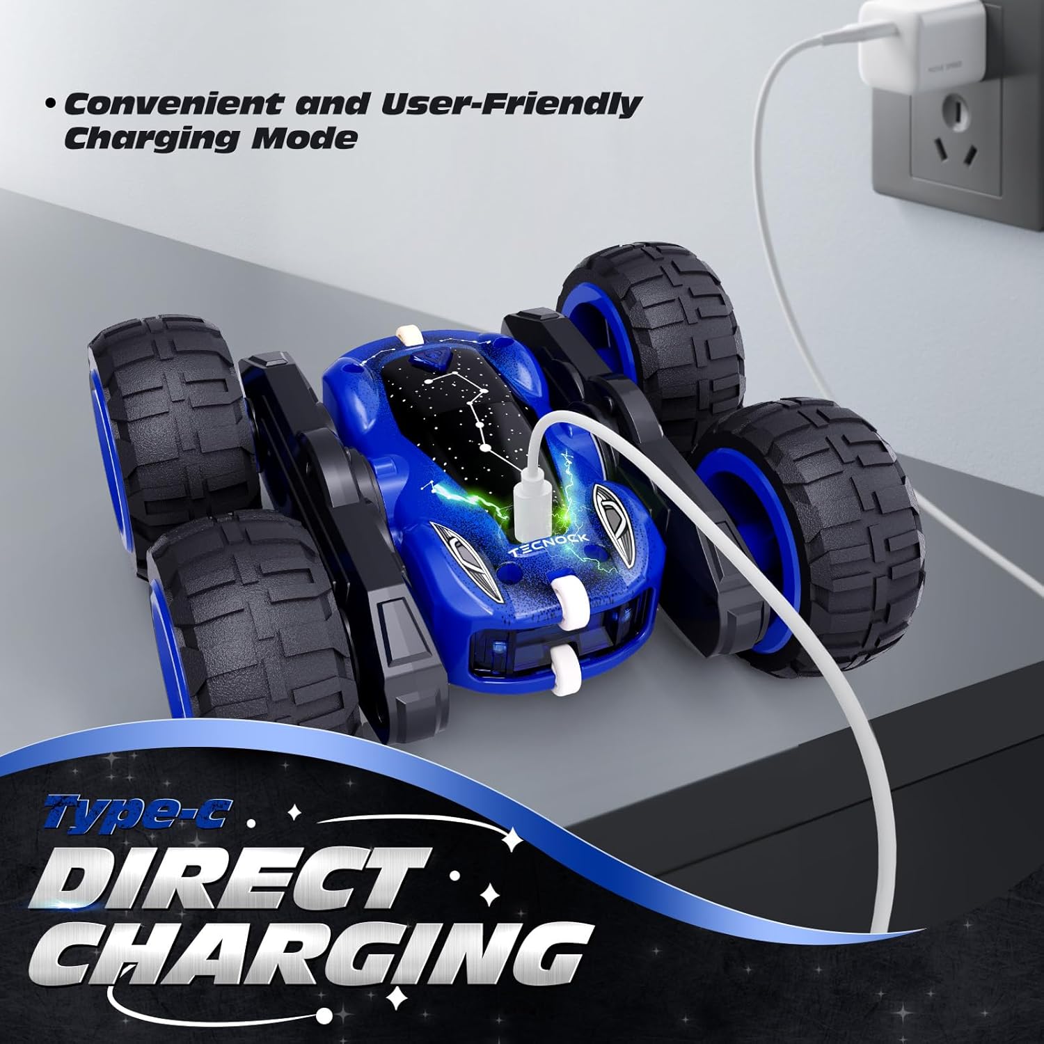 Tecnock RC Kaskadérské auto s 360° otočkami a LED světly, modrá