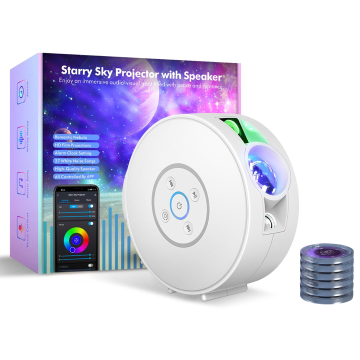 Projektor galaxie a noční oblohy – 6 kazet se snímky, Bluetooth reproduktor, ovládání pomocí aplikace
