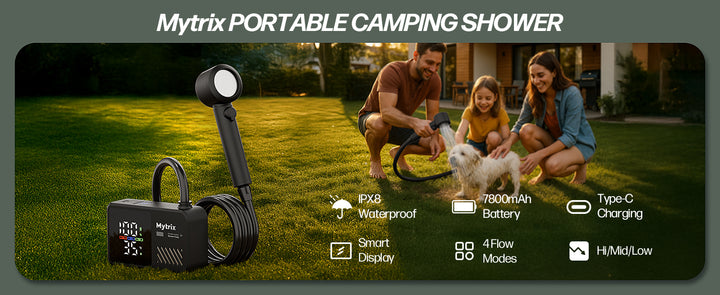 Mytrix Přenosná kempingová sprcha – vysoký tlak vody 10 l/min, 7800 mAh a 4 režimy proudu