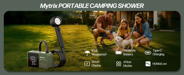 Mytrix Přenosná kempingová sprcha – vysoký tlak vody 10 l/min, 7800 mAh a 4 režimy proudu